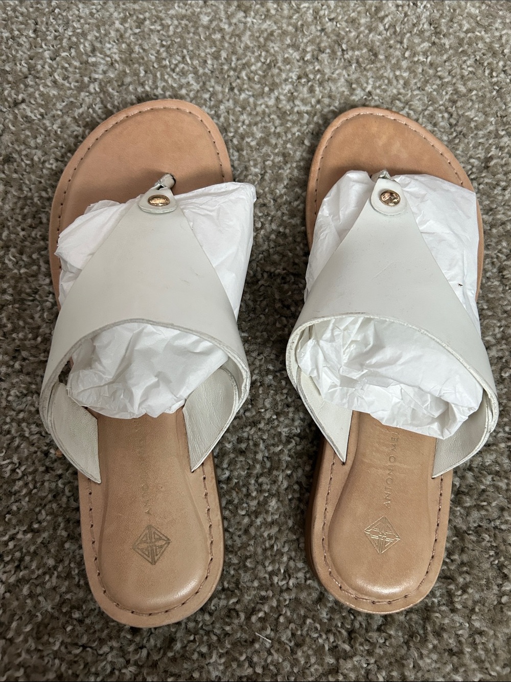 ANTONIO MELANI White Leather Slide Sandals with Tan Footbed